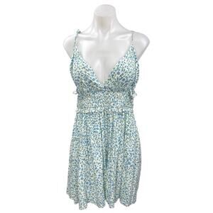 Zara Blue Linen Floral Sleeveless Smocked Mini Cami Camisole Tank Dress Size M